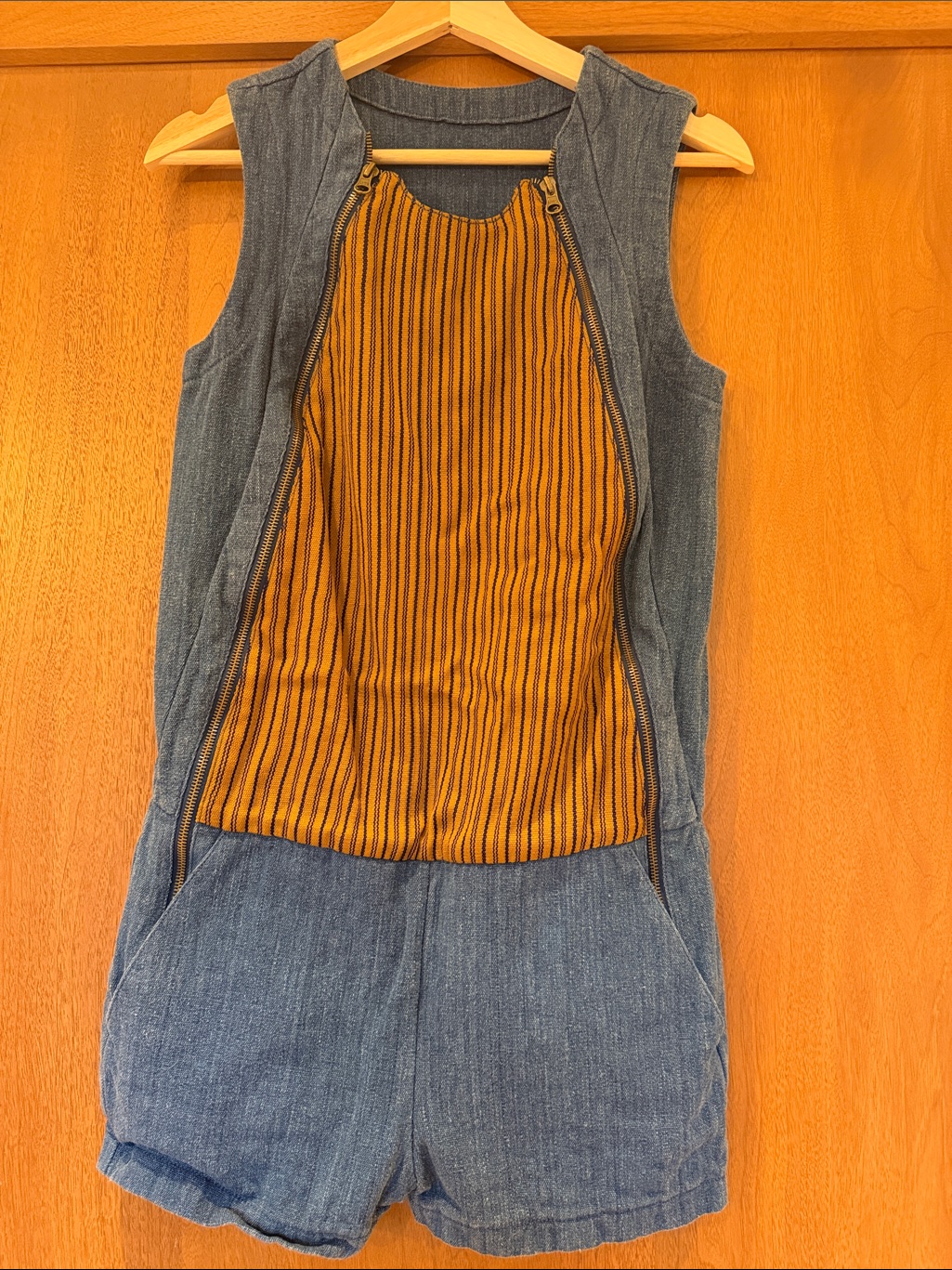 Handmade Vintage Sleeveless Denim Romper With Stripe Accent And Side Zips